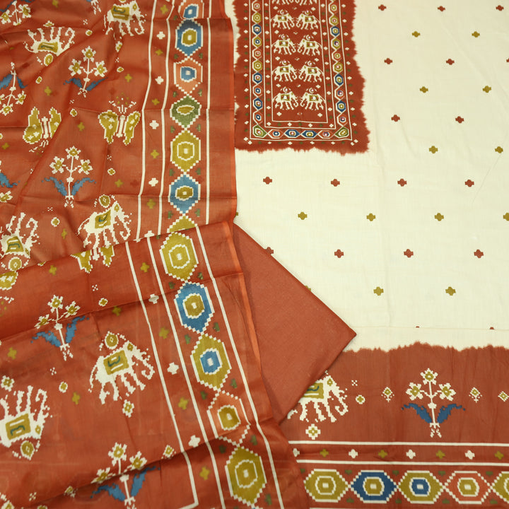 Amelia Beige with Rust Gajj Print Patra Work Yoke Cotton Set