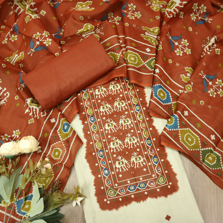 Amelia Beige with Rust Gajj Print Patra Work Yoke Cotton Set