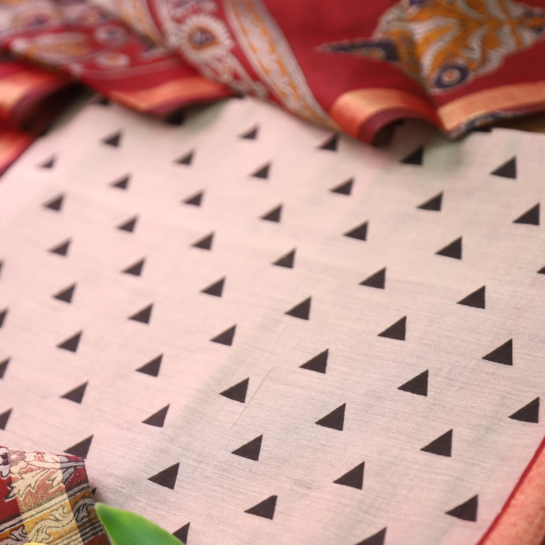 Parineeti Sand Beige with Red Kalamkari Print Maheswari Chanderi Set