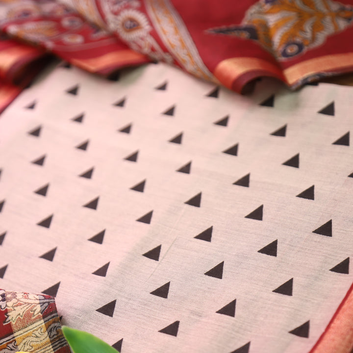 Parineeti Sand Beige with Red Kalamkari Print Maheswari Chanderi Set