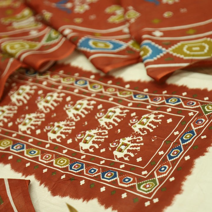 Amelia Beige with Rust Gajj Print Patra Work Yoke Cotton Set