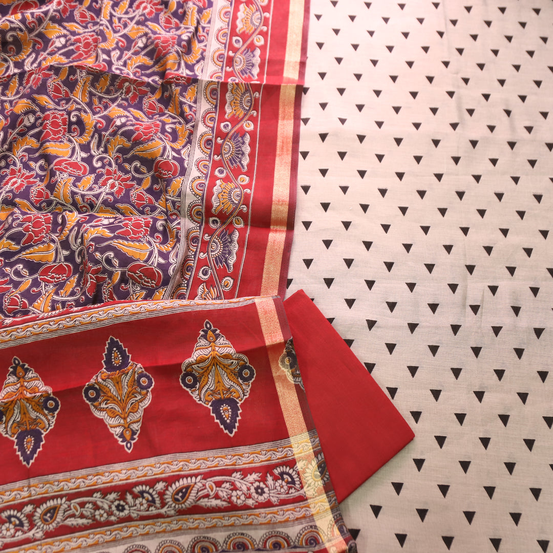 Parineeti Sand Beige with Red Kalamkari Print Maheswari Chanderi Set