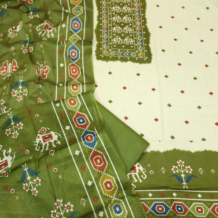 Amelia Beige with Green Gajj Print Patra Work Yoke Cotton Set