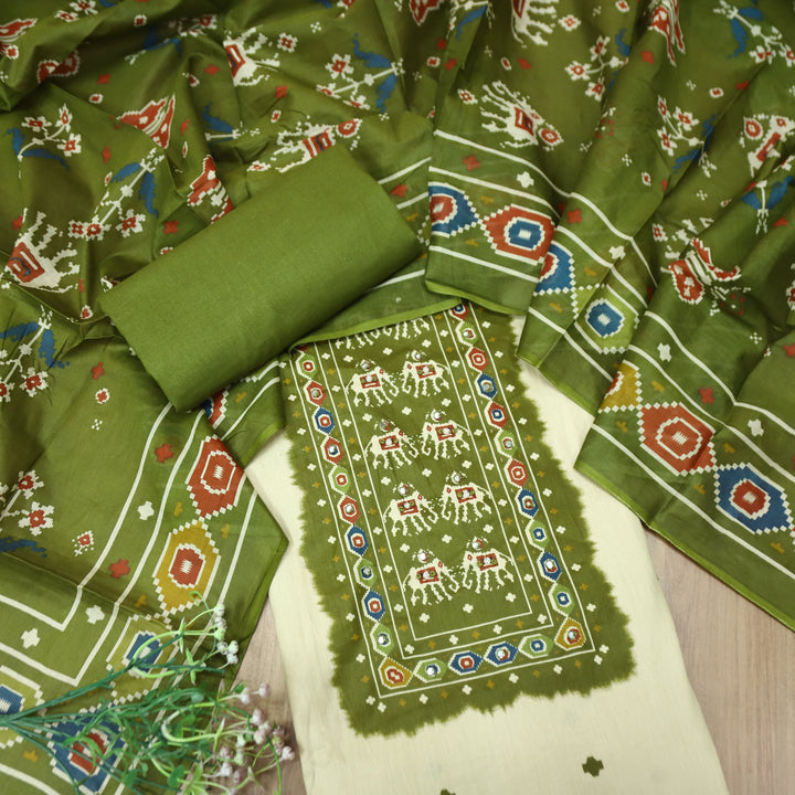 Amelia Beige with Green Gajj Print Patra Work Yoke Cotton Set