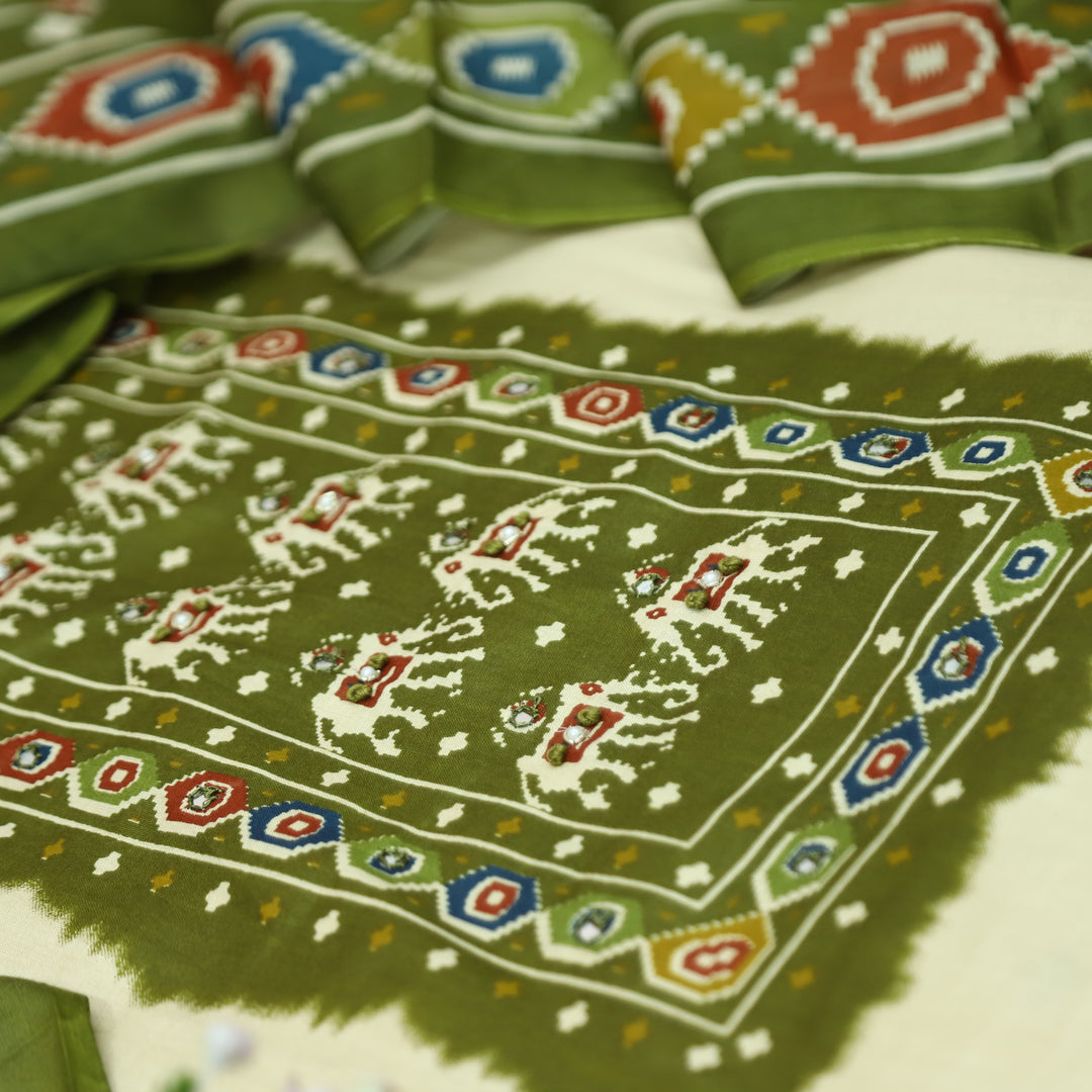 Amelia Beige with Green Gajj Print Patra Work Yoke Cotton Set