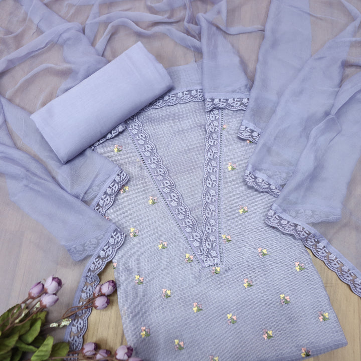 Yaleen Bluish Purple Lace V Neck Florat Thread Buti Kota Doriya Set