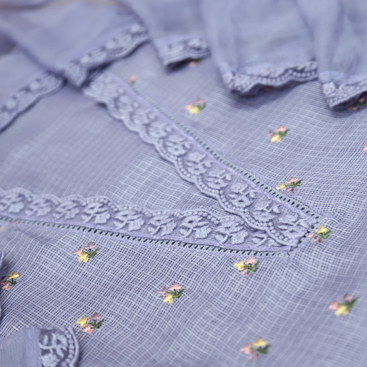 Yaleen Bluish Purple Lace V Neck Florat Thread Buti Kota Doriya Set