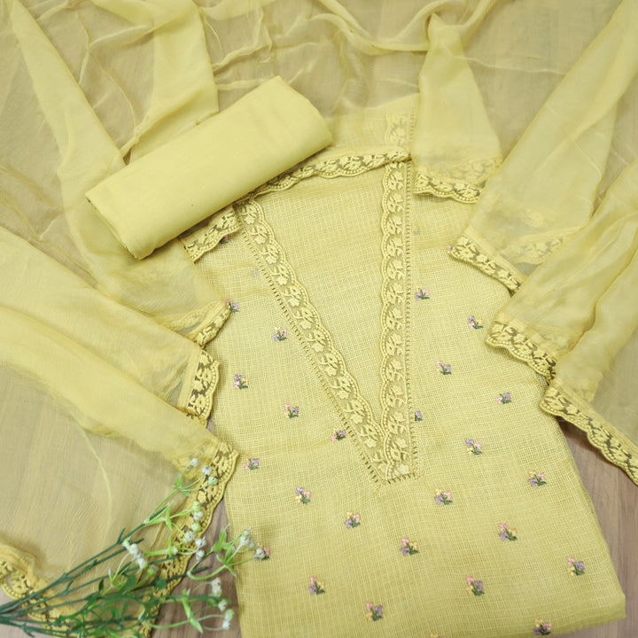 Yaleen Butter Yellow Lace V Neck Florat Thread Buti Kota Doriya Set