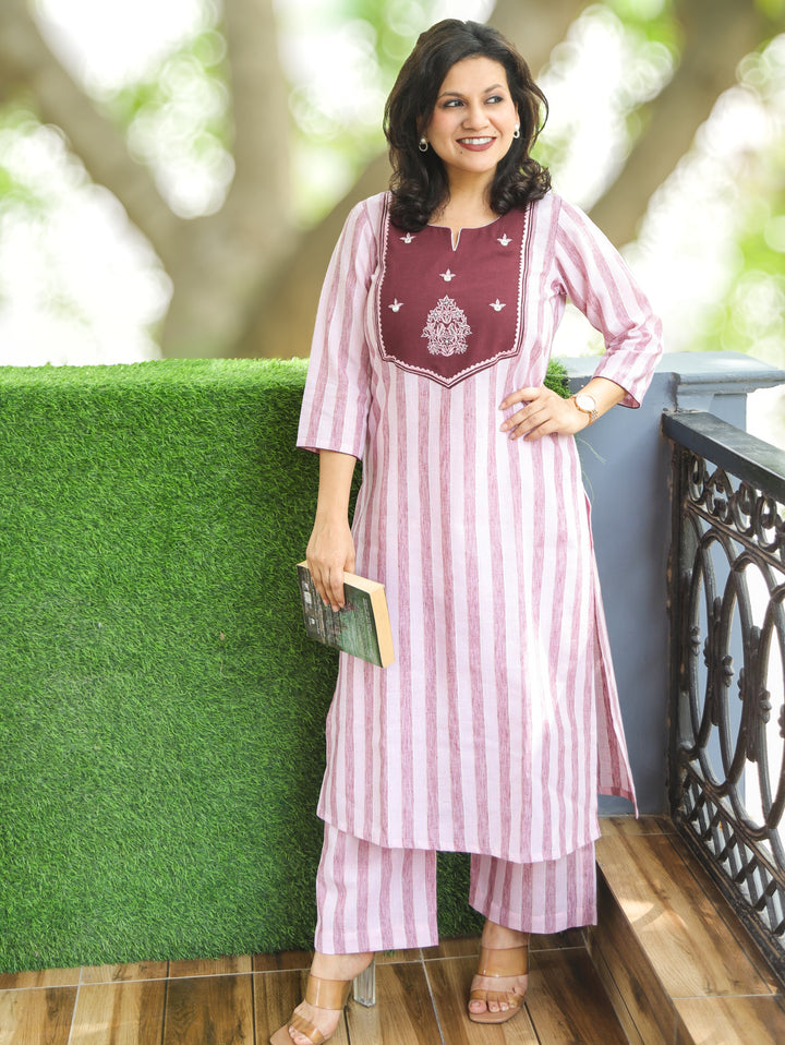Taal Baby Pink with Yoke Stripe Printed Linen Co-ord Set