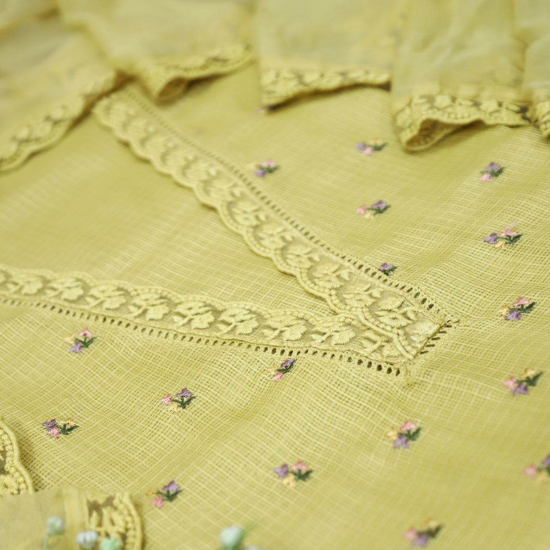 Yaleen Butter Yellow Lace V Neck Florat Thread Buti Kota Doriya Set