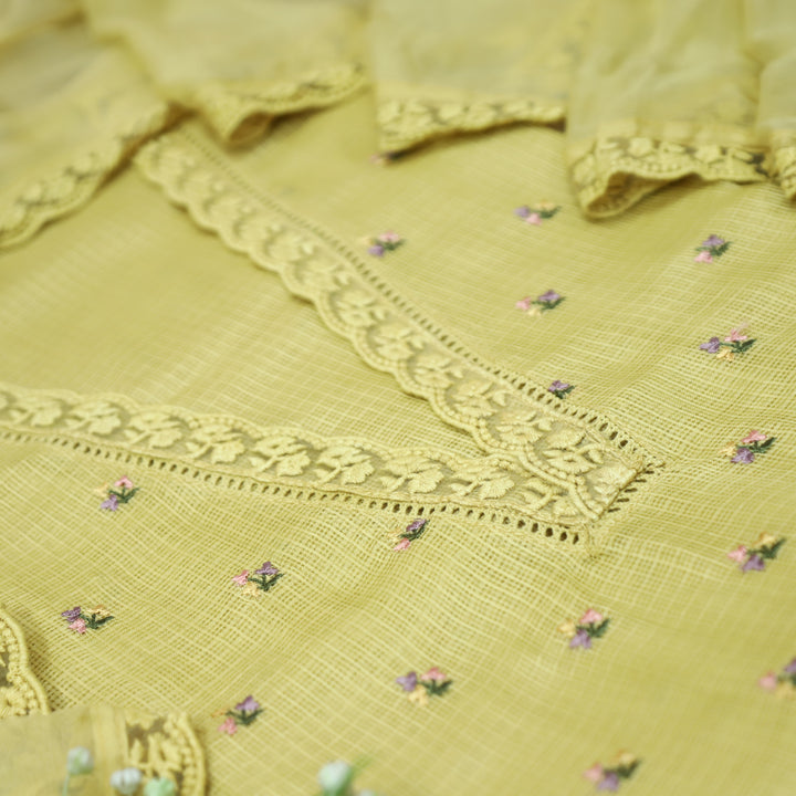 Yaleen Butter Yellow Lace V Neck Florat Thread Buti Kota Doriya Set