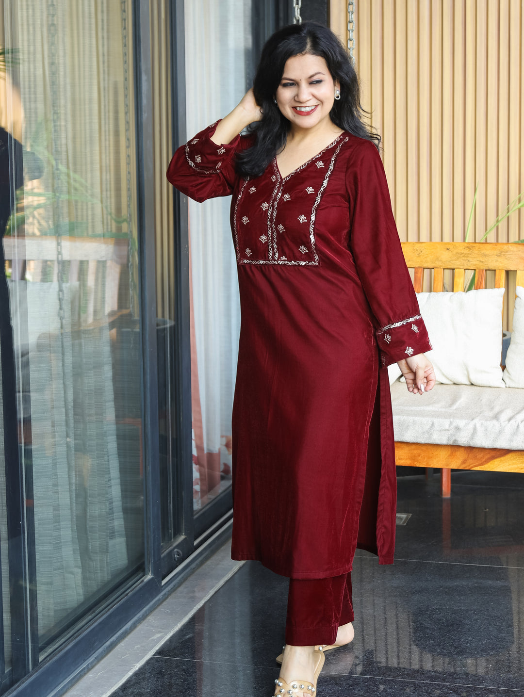 Shardha Berry Red Embriodered V Neckline nd Sleeve Velvet Winter Kurti