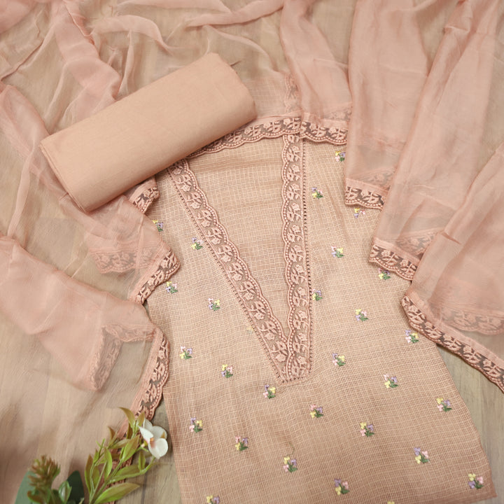 Yaleen Soft Peach Lace V Neck Florat Thread Buti Kota Doriya Set