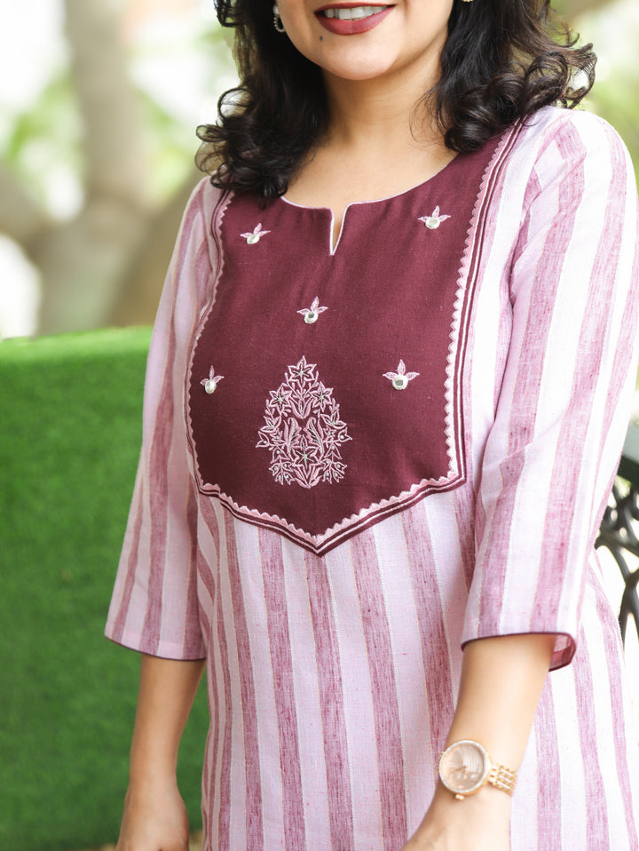 Taal Baby Pink with Yoke Stripe Printed Linen Co-ord Set