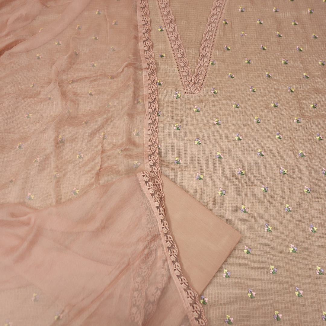 Yaleen Soft Peach Lace V Neck Florat Thread Buti Kota Doriya Set
