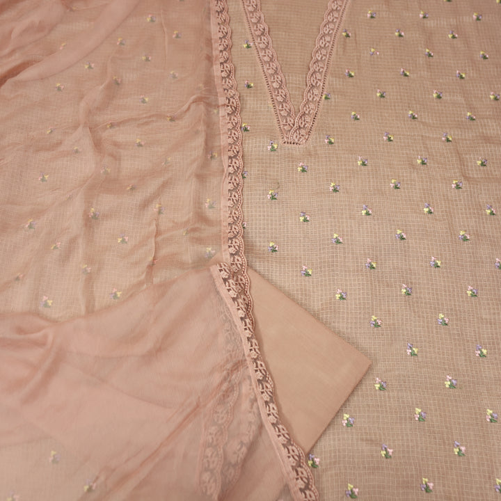 Yaleen Soft Peach Lace V Neck Florat Thread Buti Kota Doriya Set