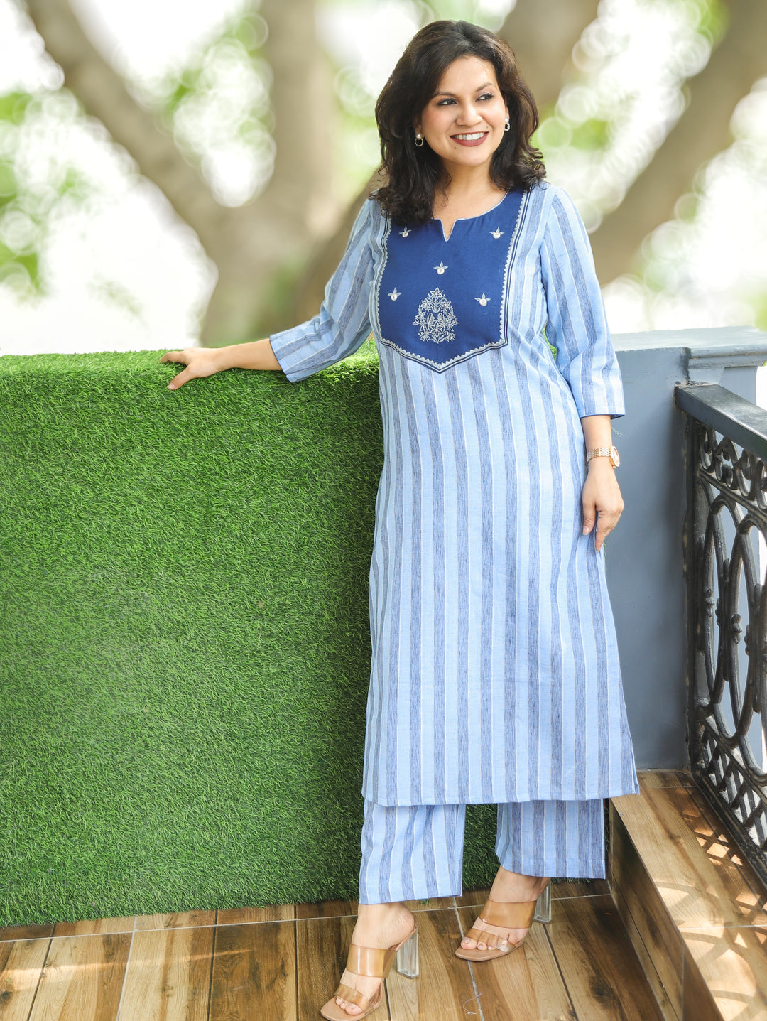 Taal Powder Blue with Yoke Stripe Printed Linen Co-ord Set