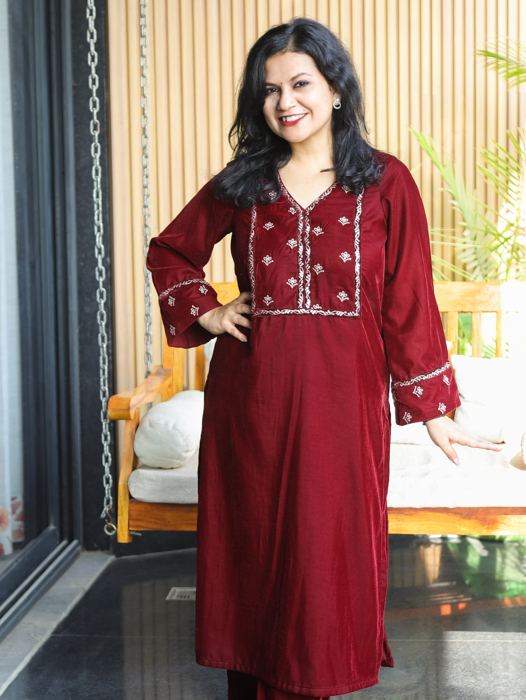 Shardha Berry Red Embriodered V Neckline nd Sleeve Velvet Winter Kurti