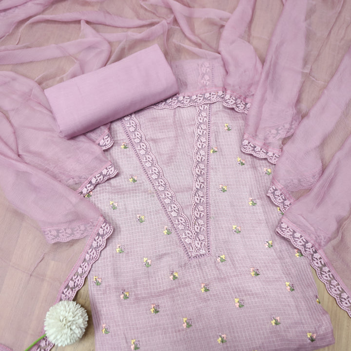 Yaleen Helio Lilac Lace V Neck Florat Thread Buti Kota Doriya Set