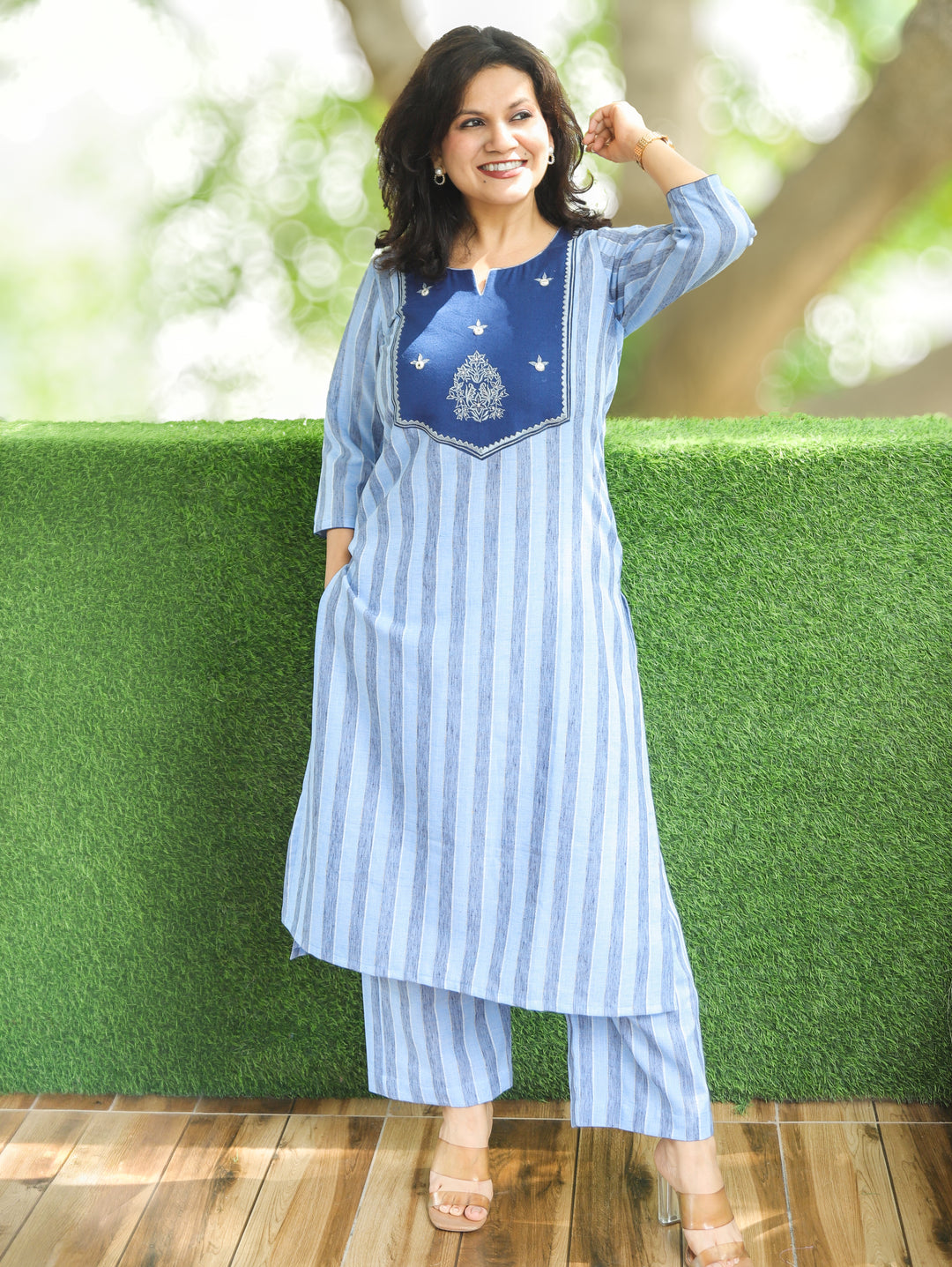 Taal Powder Blue with Yoke Stripe Printed Linen Co-ord Set