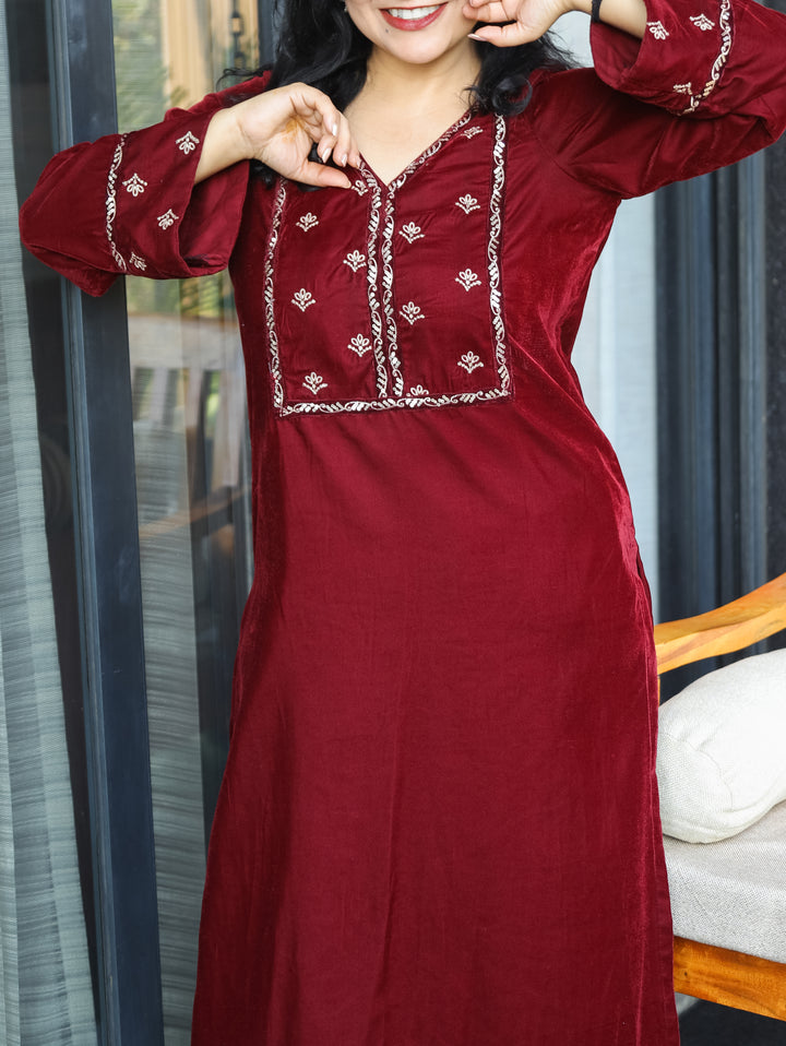 Shardha Berry Red Embriodered V Neckline nd Sleeve Velvet Winter Kurti