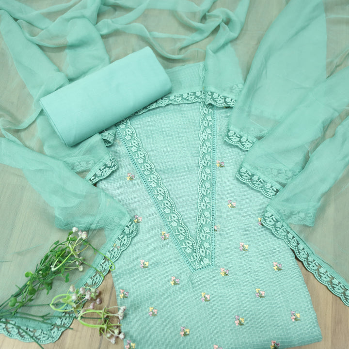 Yaleen Ocean Turq Lace V Neck Florat Thread Buti Kota Doriya Set