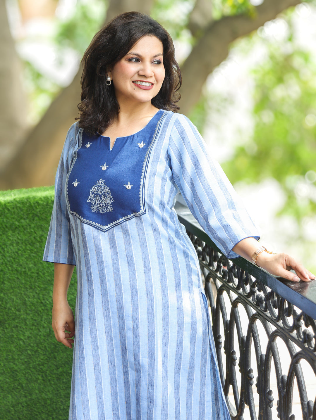 Taal Powder Blue with Yoke Stripe Printed Linen Co-ord Set