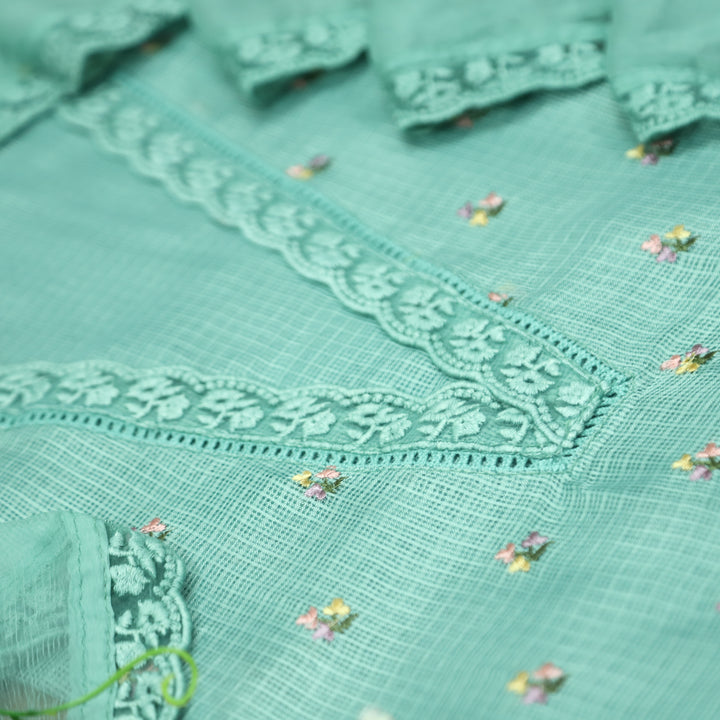 Yaleen Ocean Turq Lace V Neck Florat Thread Buti Kota Doriya Set