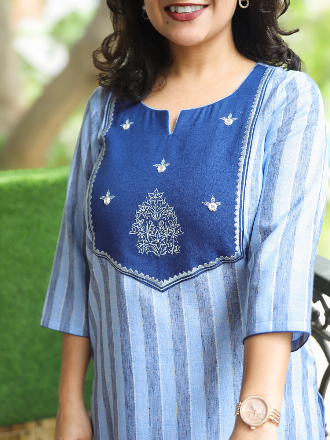 Taal Powder Blue with Yoke Stripe Printed Linen Co-ord Set