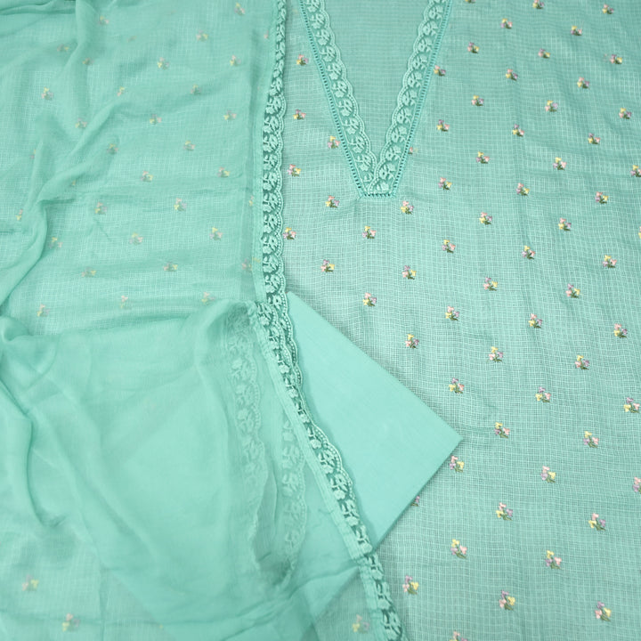 Yaleen Ocean Turq Lace V Neck Florat Thread Buti Kota Doriya Set