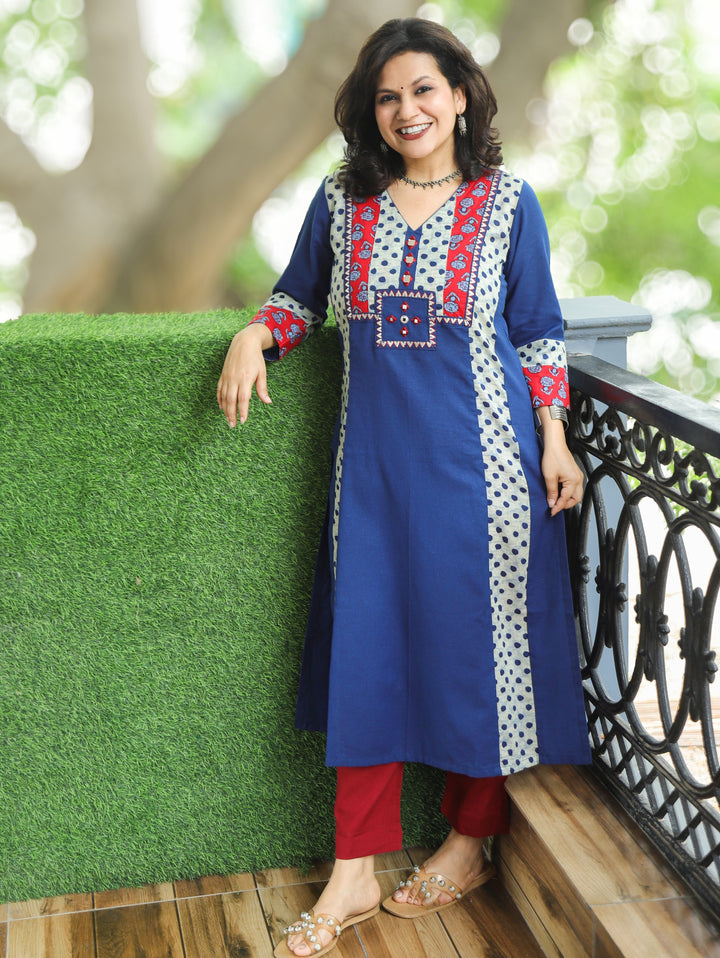 Drishti Prussia Blue Triple Panel Ajrak Yoke with Mirror Cotton Kurti