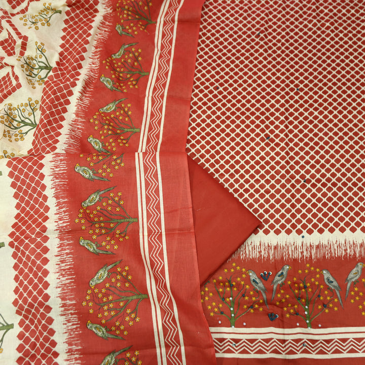 Clara Red Digital Printed Thread Work Hem Cotton Set