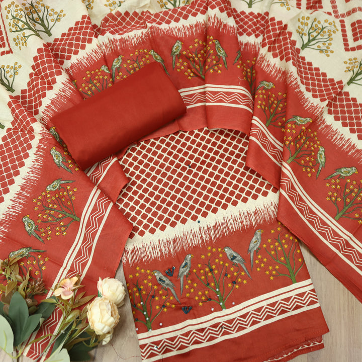 Clara Red Digital Printed Thread Work Hem Cotton Set