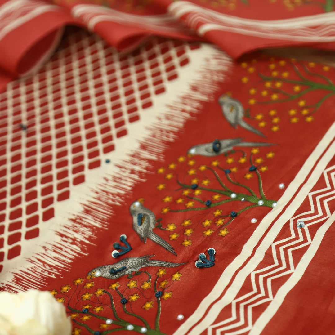 Clara Red Digital Printed Thread Work Hem Cotton Set