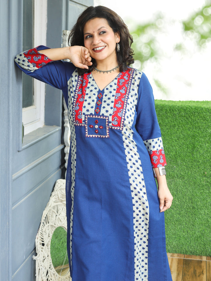 Drishti Prussia Blue Triple Panel Ajrak Yoke with Mirror Cotton Kurti