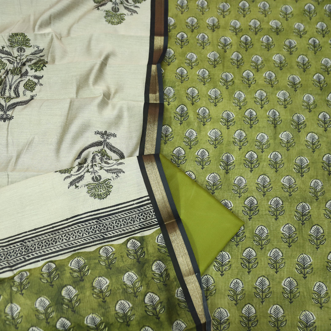 Yashfa Olive Green Floral Printed Maheswari Chanderi Set