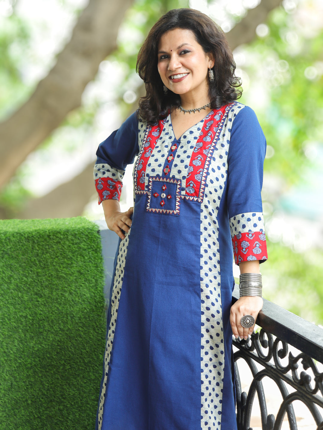 Drishti Prussia Blue Triple Panel Ajrak Yoke with Mirror Cotton Kurti
