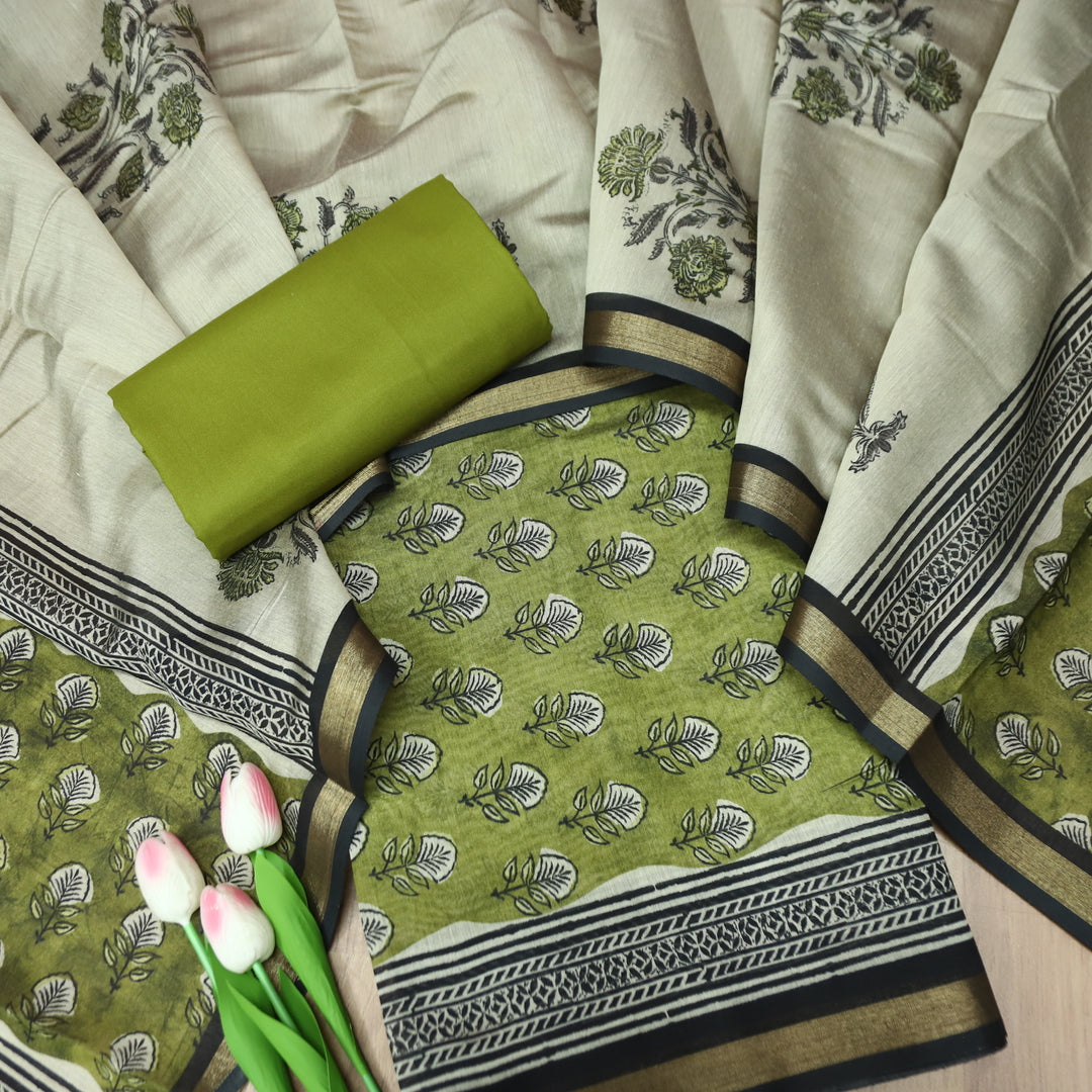 Yashfa Olive Green Floral Printed Maheswari Chanderi Set