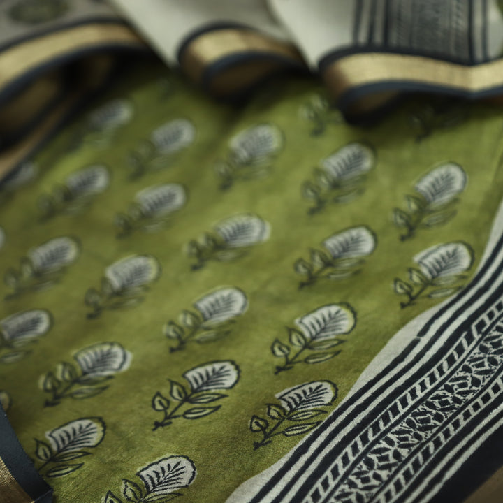Yashfa Olive Green Floral Printed Maheswari Chanderi Set