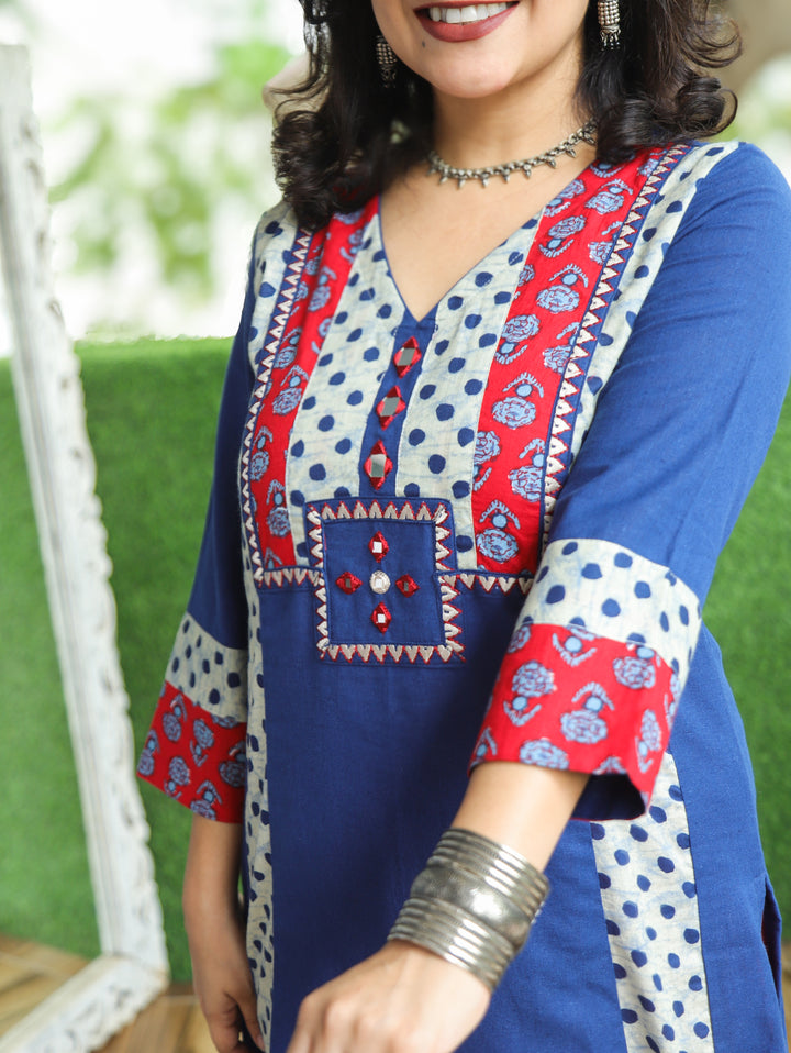 Drishti Prussia Blue Triple Panel Ajrak Yoke with Mirror Cotton Kurti