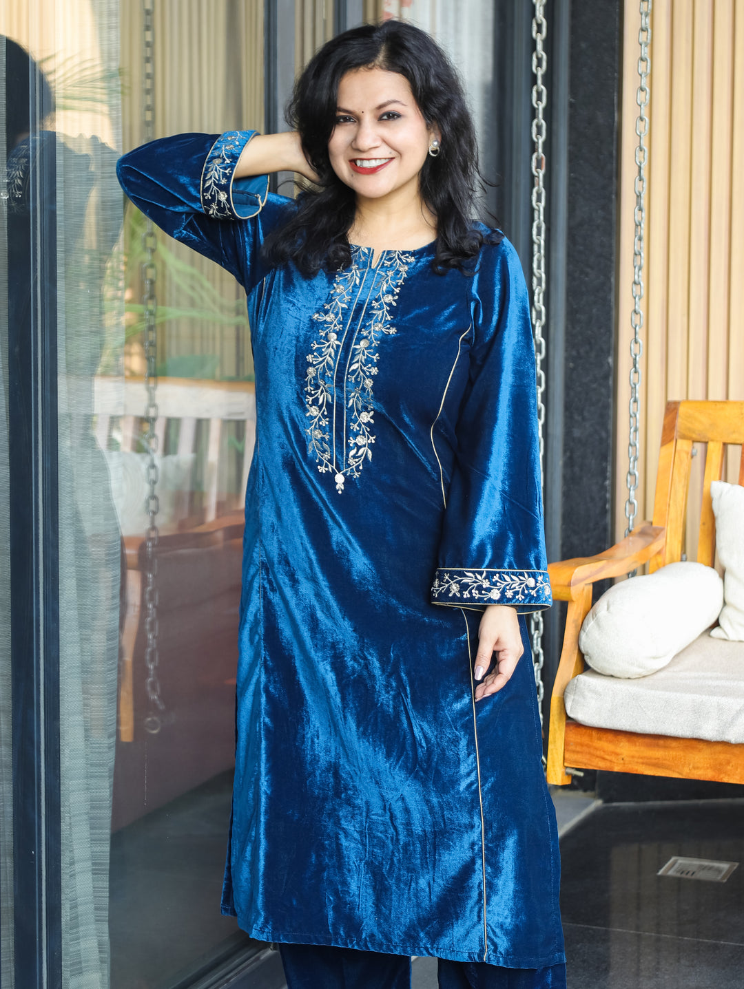 Yakshani Royal Blue Round Neck Embroidered Neck and Sleeve Velvet Winter Kurti