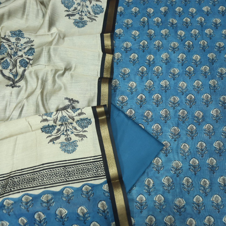 Yashfa Sapphire Blue Floral Printed Maheswari Chanderi Set
