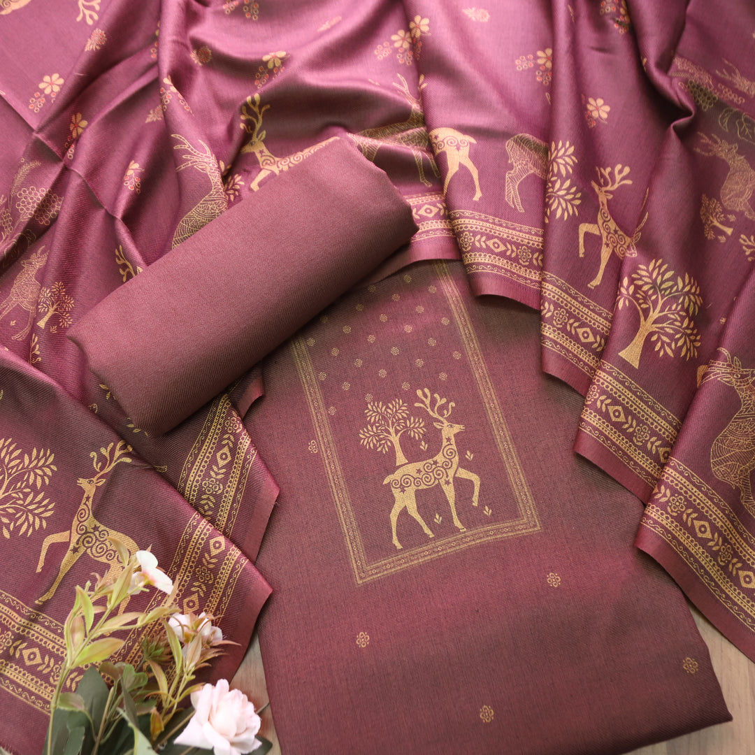 Sarina Mulberry Mauve Deer Printed Semi Pashmina Winter Set