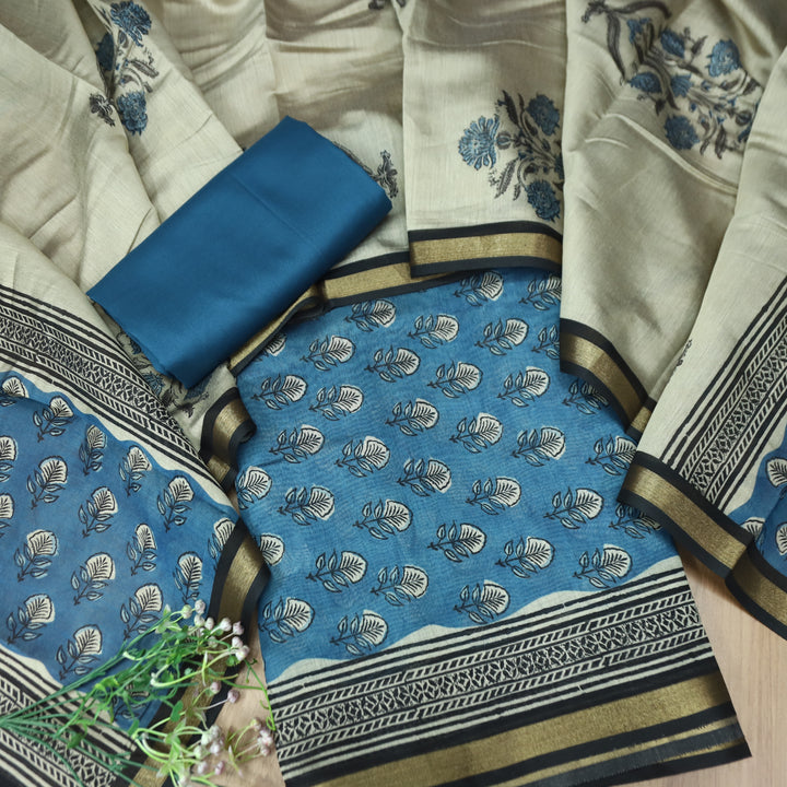 Yashfa Sapphire Blue Floral Printed Maheswari Chanderi Set