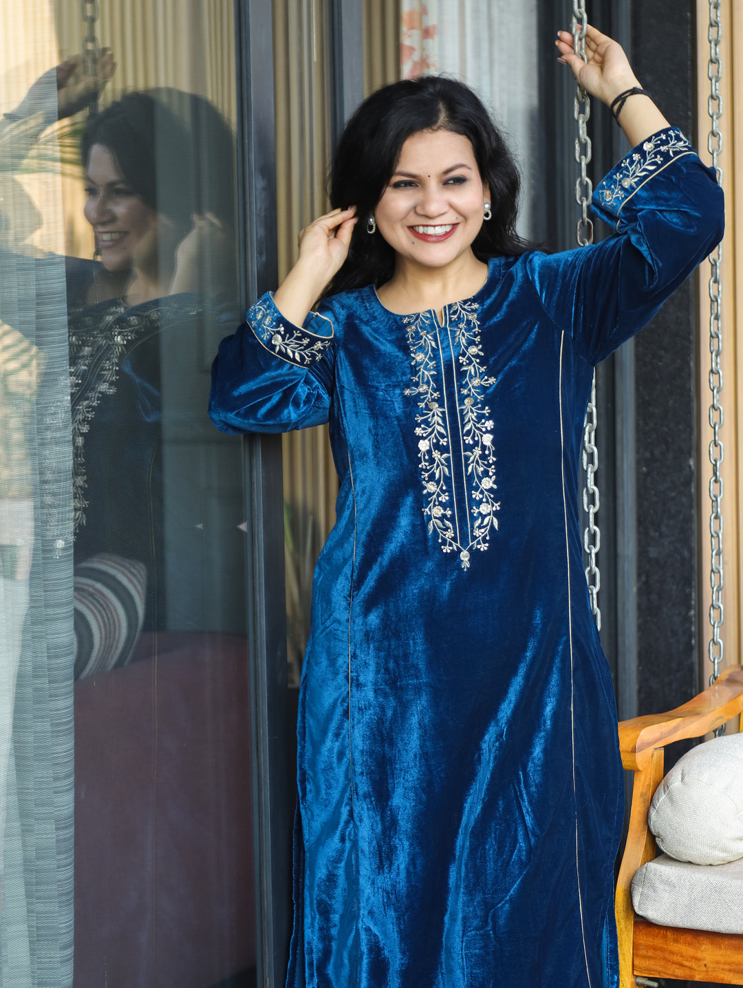 Yakshani Royal Blue Round Neck Embroidered Neck and Sleeve Velvet Winter Kurti