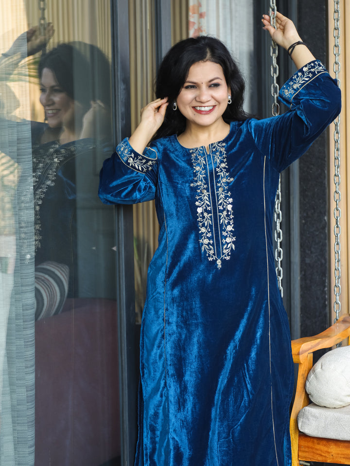Yakshani Royal Blue Round Neck Embroidered Neck and Sleeve Velvet Winter Kurti