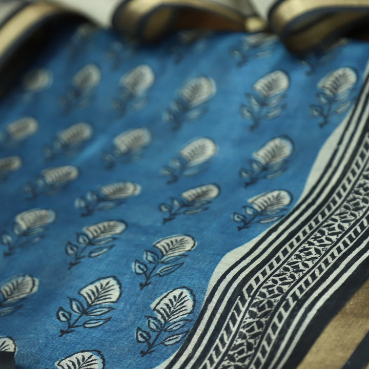 Yashfa Sapphire Blue Floral Printed Maheswari Chanderi Set