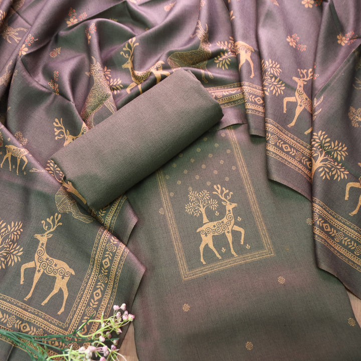 Sarina Antique Grey Deer Printed Semi Pashmina Winter Set