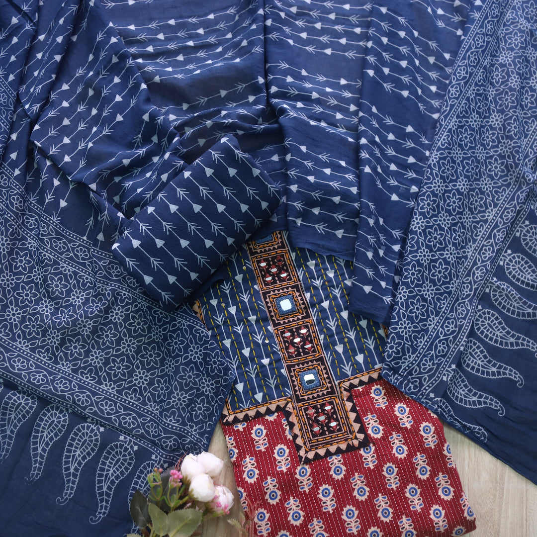Falak Apple Red Kantha Work Ajrak Printed Cotton Suit Set
