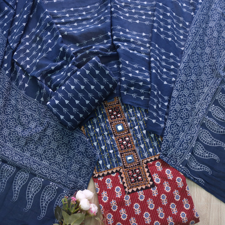 Falak Apple Red Kantha Work Ajrak Printed Cotton Suit Set